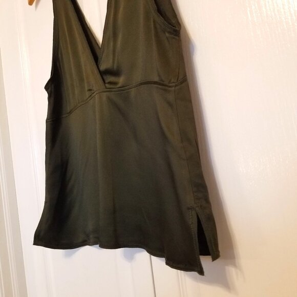 NWT Zara Satin Tank Top XS Olive Green Womens Top Vneck Relaxed Fit Mid Length - Picture 2 of 8